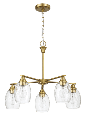 Elegance Five Lights Linear Arms with Golden Brass Finish Chain Chandelier 24"W × 8.5"H with Clear Water Glass - West Lamp