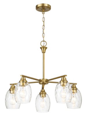 Elegance Five Lights Linear Arms with Golden Brass Finish Chain Chandelier 24"W × 8.5"H with Clear Water Glass - West Lamp