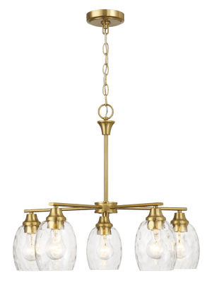 Elegance Five Lights Linear Arms with Golden Brass Finish Chain Chandelier 24"W × 8.5"H with Clear Water Glass - West Lamp