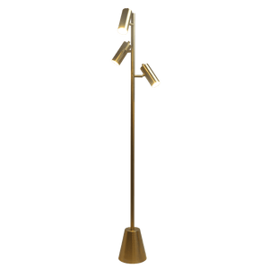 Lumina Brassed Gold Floor Lamp with Rotary Switch Triple Spots Metal Cone Base - West Lamp