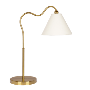 Ornate Brass Ring Base Curved Table Lamp with Triangle White Drum Shade - West Lamp