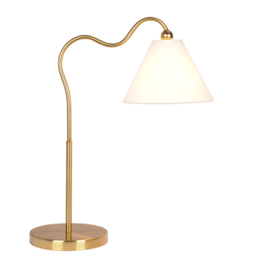 Ornate Brass Ring Base Curved Table Lamp with Triangle White Drum Shade - West Lamp