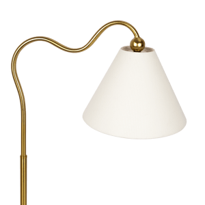 Ornate Brass Ring Base Curved Table Lamp with Triangle White Drum Shade - West Lamp