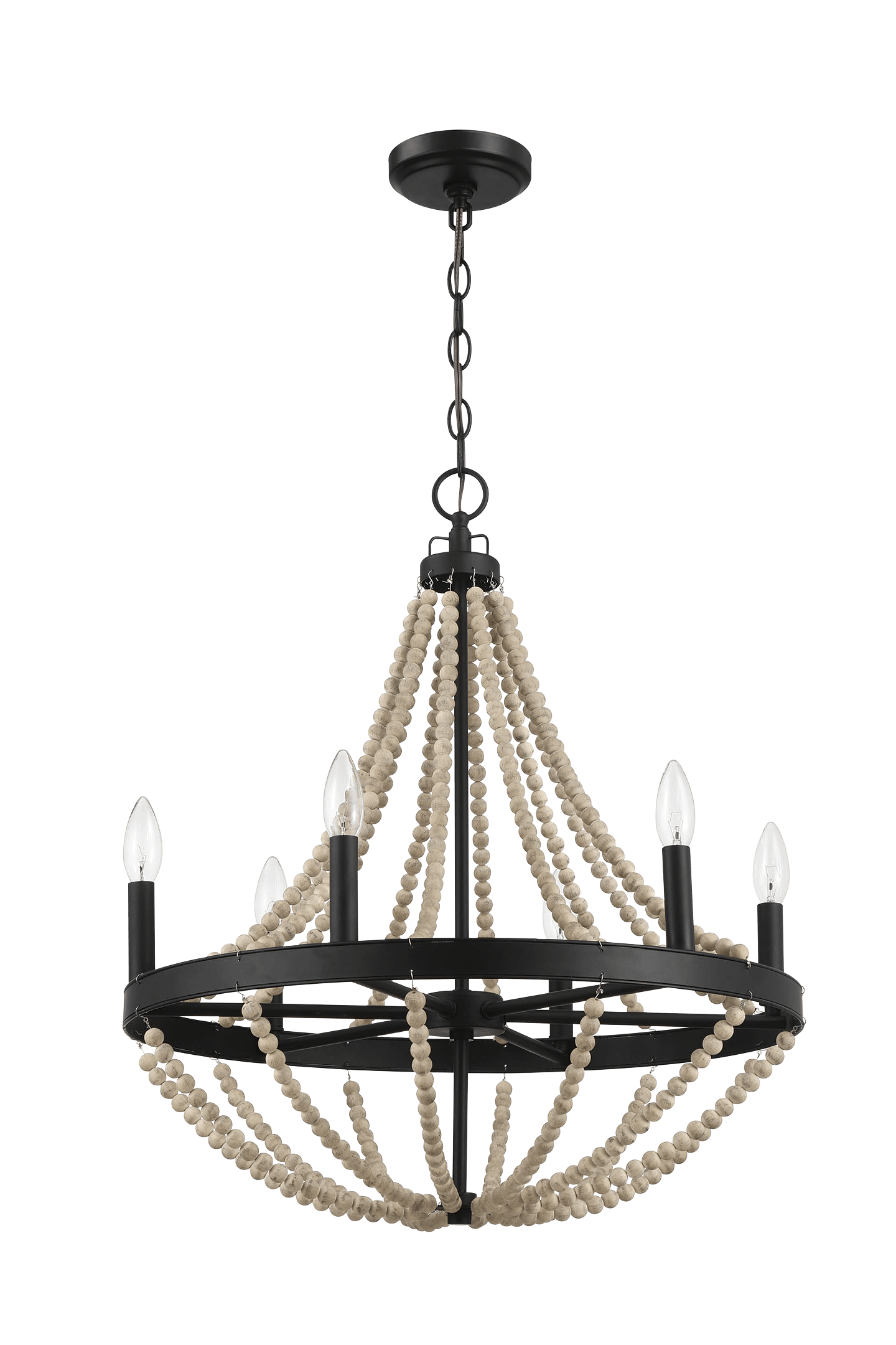 Starry Wood Chandelier Farmhouse Six Candle Light Wood Beaded Black Pendant Light for Dining Room - West Lamp