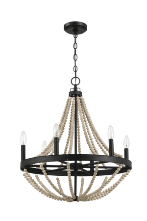 Starry Wood Chandelier Farmhouse Six Candle Light Wood Beaded Black Pendant Light for Dining Room - West Lamp