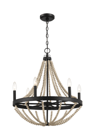 Starry Wood Chandelier Farmhouse Six Candle Light Wood Beaded Black Pendant Light for Dining Room - West Lamp