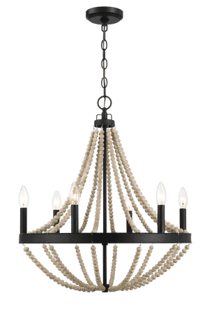 Starry Wood Chandelier Farmhouse Six Candle Light Wood Beaded Black Pendant Light for Dining Room - West Lamp