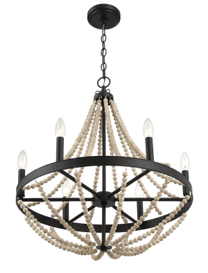 Starry Wood Chandelier Farmhouse Six Candle Light Wood Beaded Black Pendant Light for Dining Room - West Lamp