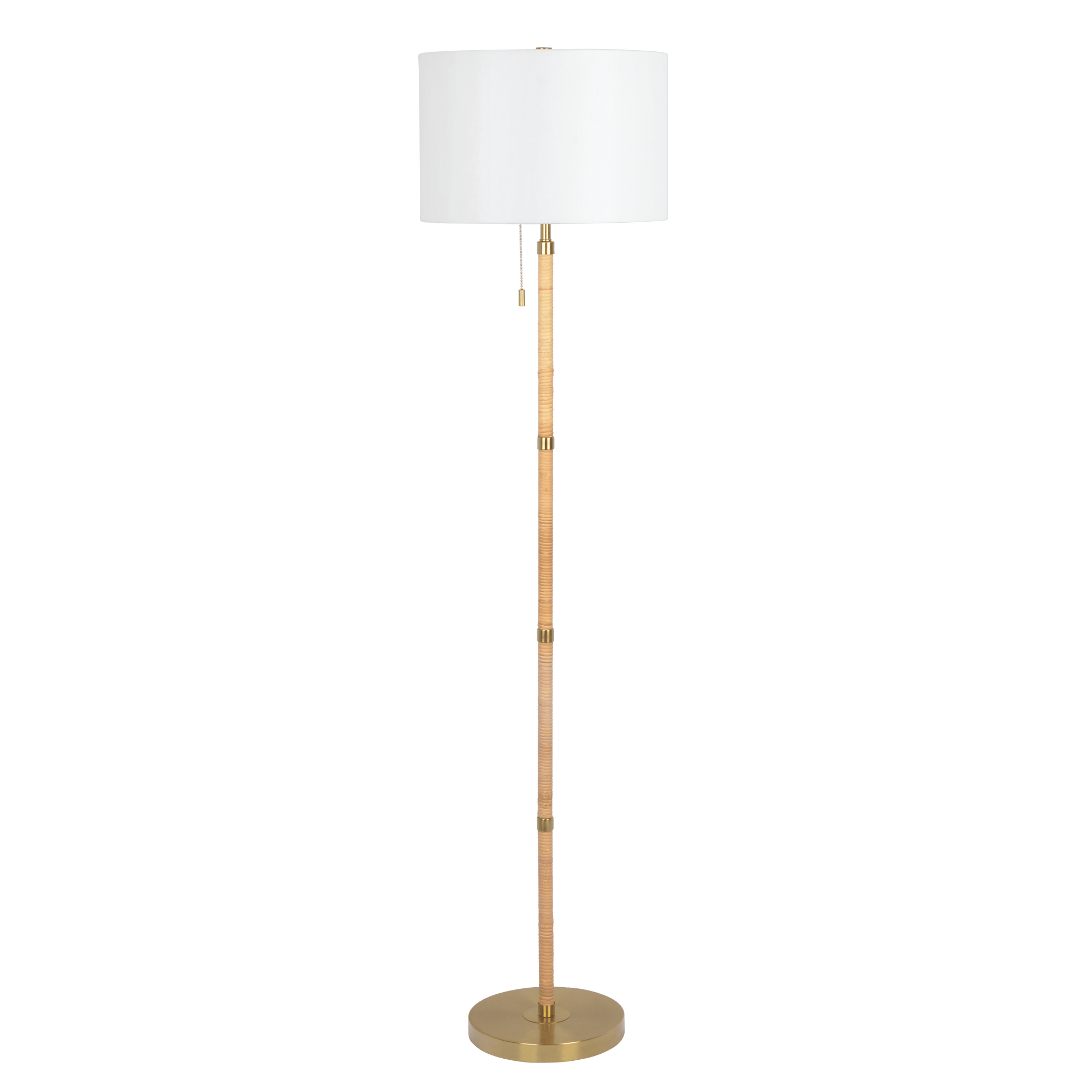 Stellar Wood Rattan Tube , Gold Brass Metal and White Linen Shade Floor Lamp - West Lamp