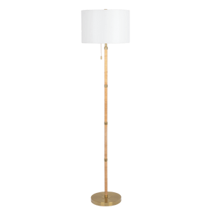 Stellar Wood Rattan Tube , Gold Brass Metal and White Linen Shade Floor Lamp - West Lamp