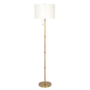 Stellar Wood Rattan Tube , Gold Brass Metal and White Linen Shade Floor Lamp - West Lamp