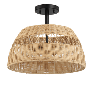 Twinkle Double Lights Semi Flush With Rattan Shade Black Metal Finish for Farmhouse Style - West Lamp