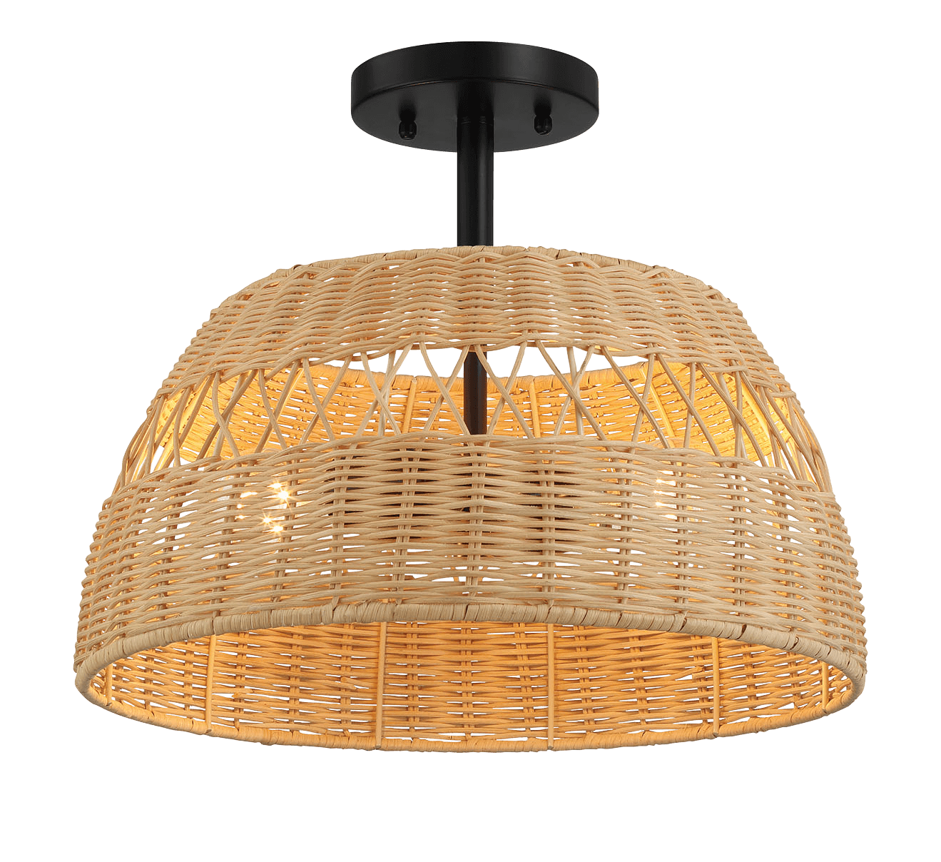 Twinkle Double Lights Semi Flush With Rattan Shade Black Metal Finish for Farmhouse Style - West Lamp