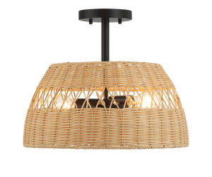 Twinkle Double Lights Semi Flush With Rattan Shade Black Metal Finish for Farmhouse Style - West Lamp